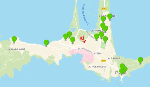 Localisation des zone de tri sélectif sur la presqu'île de Giens - VacancesGiens location saisonnière d'appartement - proche de l'appartement Le Mérou