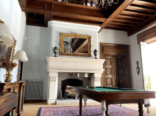 Elegant manor game room with billiards table, fireplace, and period furnishings at Domaine de Bize in Mirepoix