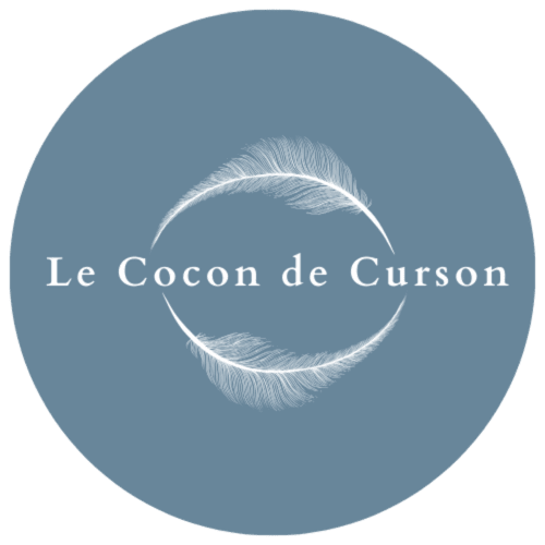 Logo Le Cocon de Curson avec couronne de plumes sur fond bleu, gîte-boutique Chanos-Curson