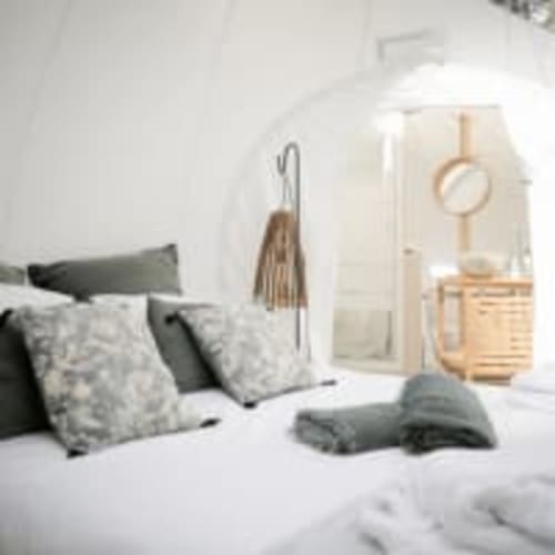 Vue intérieure d'une chambre pour un séjour romantique insolite dans une bulle avec vue sur la foret et les animaux depuis un lit king size. Cadre idéale pour un vrai moment de déconnexion dans la foret bordelaise