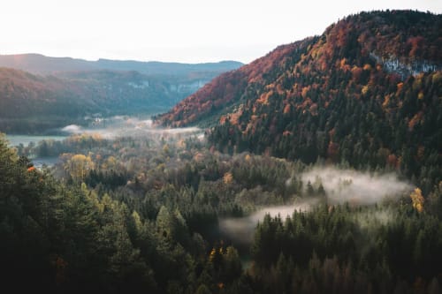 Vallée d'automne brumeuse avec montagnes boisées près des Gîtes Des Planchettes, Marigny