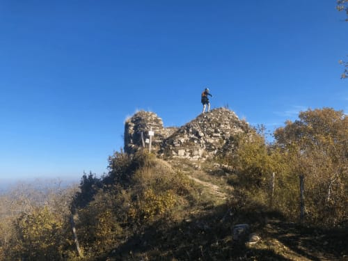 Randonneur debout sur un affleurement rocheux près des Gîtes Des Planchettes à Marigny, France, avec la forêt d'automne en contrebas.