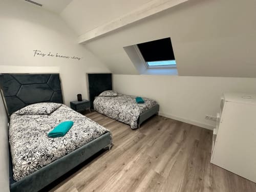 Chambre twin aux Gites Les Camelias 71 à Oslon avec mobilier moderne et puits de lumière
