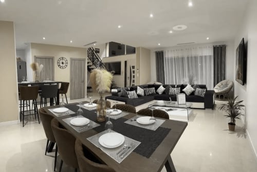 Espace ouvert de salle à manger et séjour aux Gites Les Camelias 71 à Oslon, France avec table noire et coussins zébrés
