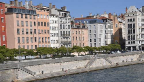Bâtiments colorés au bord de la rivière à Lyon avec promenade fluviale et arbres verts le long de la Saône