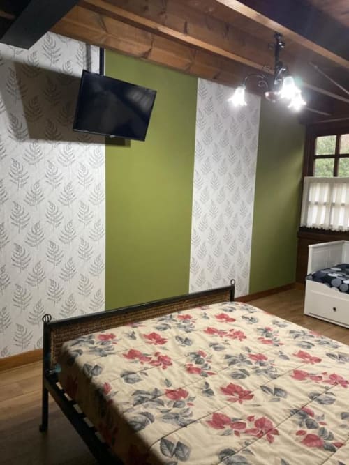 Habitación del Hotel Rural Los Texos con ropa de cama floral, paredes en verde lima con patrón de helecho, vigas de madera y TV montado en pared