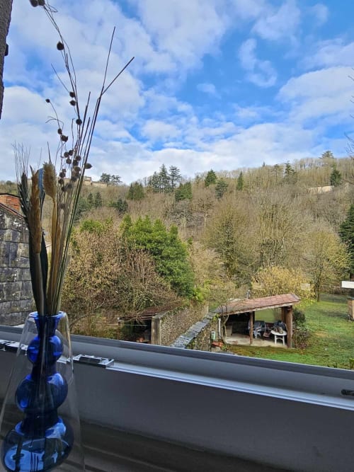 Gartenzimmer des Bastide du Thoré: blaue Vase mit Trockenblumen auf der Fensterbank mit Blick auf bewaldeten Hang und Stein