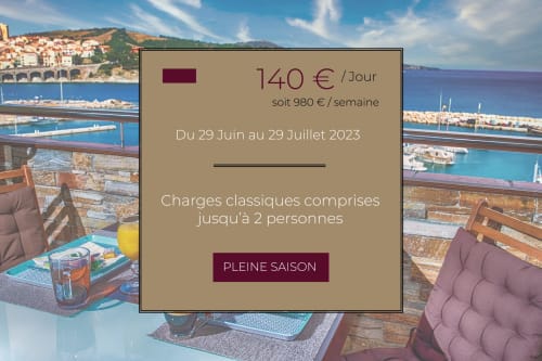 Terrasse de chambre d'hôte à Banyuls-sur-Mer avec vue sur la mer et le village, tarifs été 140€/jour