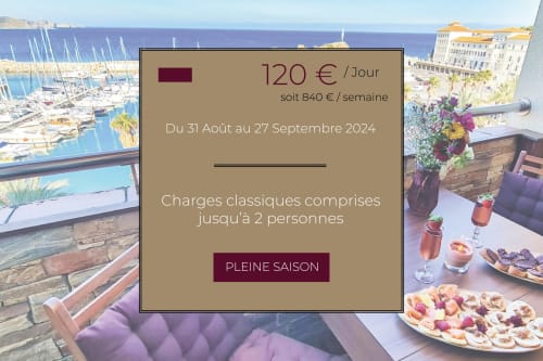 Terrasse bord de mer à Banyuls-sur-Mer avec vue sur le port, apéritifs, boissons, hébergement à partir de 120€/jour