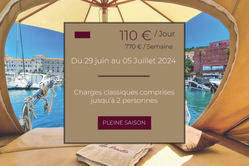 Location Banyuls : 110€/jour ou 770€/semaine, 29 juin-5 juillet 2024, tarif haute saison.