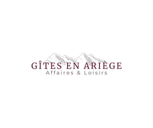 Logo Gîtes en Ariège avec illustration montagne pour locations de vacances et loisirs à Mirepoix, France