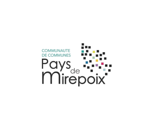 Logo de la comunidad Pays de Mirepoix con patrón de cuadrícula colorida, región Ariège Occitanie