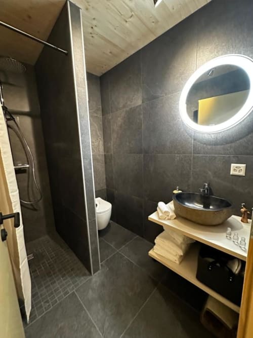 Salle de bain moderne du gîte Les Louettes à Saxon avec carrelage foncé, vasque, miroir éclairant et douche ouverte