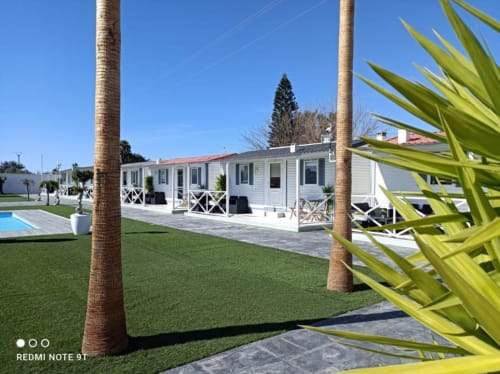 Bungalow Buda Beach bungalow with white exterior, terrace, palm trees, pool, and manicured garden in Chipiona