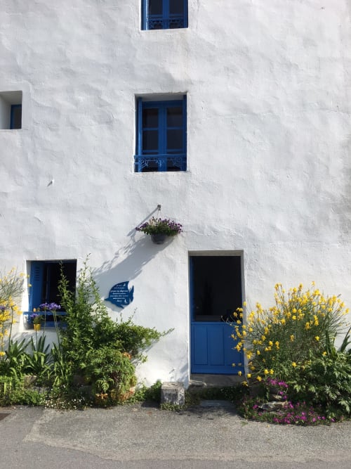 Immeuble aux murs blancs, portes et fenêtres bleues, fleurs jaunes et violettes, Belle Île en Mer, France