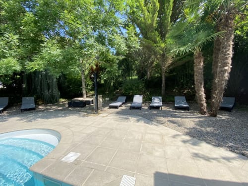 Espace piscine ensoleillé au Domaine de Bize avec chaises longues, palmiers et jardins paysagés à Mirepoix, France