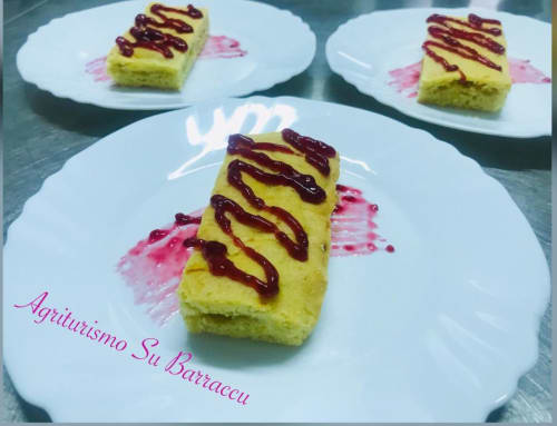 Three pistachio cake slices with chocolate drizzle at Agriturismo Su Barraccu in Loceri, Italy