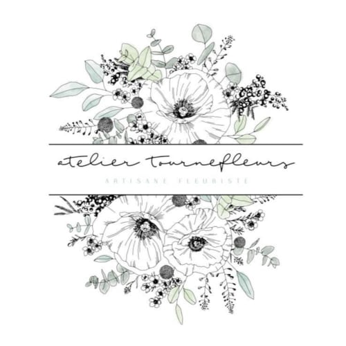 Logo de design floral Atelier Tournefleurs avec fleurs esquissées délicates et verdure pour événements à Mirepoix