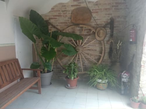 Patio rústico en Cuartel del Montsant con banco de madera, plantas en macetas, decoración de rueda de carreta y pared de ladrillo