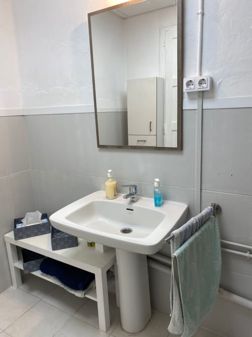 Baño moderno con lavamanos de pedestal, espejo y almacenamiento en el apartamento Cuartel del Montsant de La Granadella