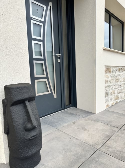 Porte d'entrée moderne noire avec panneaux de verre dépoli aux Gîtes Les Camélias 71 à Oslon, France