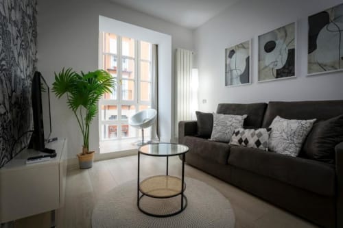 Salón moderno en apartamento Spacio Menina, Burgos con sofá negro, mesa redonda, amplios ventanales y decoración verde