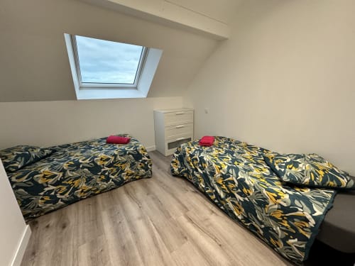 Chambre twin avec literie à motifs et puits de lumière aux Gîtes Les Camélias 71, Oslon