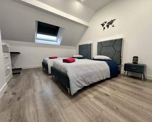 Chambre twin moderne aux Gites Les Camelias 71 avec lits capitonnés gris, parquet, puits de lumière et décoration carte du monde