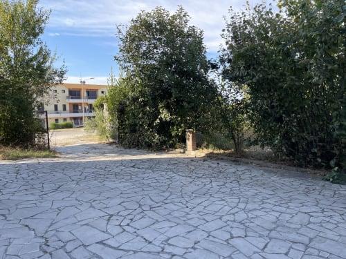 Cortile pavimentato con area verde presso Rigiariloo Home Apartments a San Giacomo degli Schiavoni, circondato da vegetazione