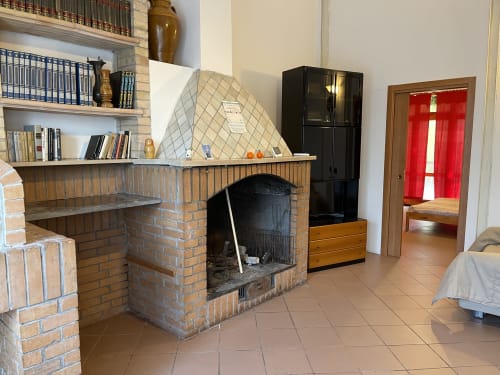 Soggiorno Rigiariloo Home Apartments con camino in mattoni, libreria, frigorifero nero e porta rossa verso il giardino