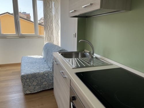 Cucina moderna con piano cottura a induzione e lavello negli Appartamenti Rigiariloo Home, San Giacomo degli Schiavoni, con vista sulla città