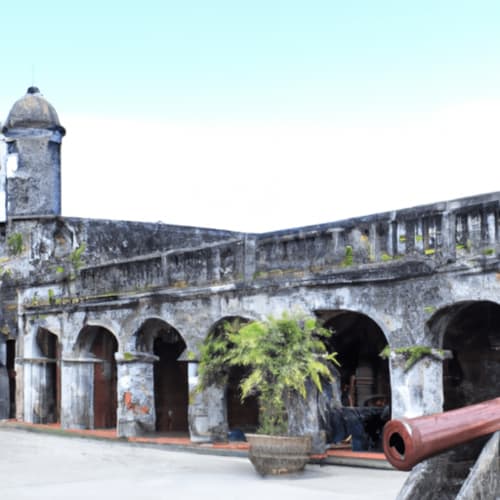 Historic stone fortress with arches at Isla Tajín Beach & River Resort in Tuxpan, Mexico
