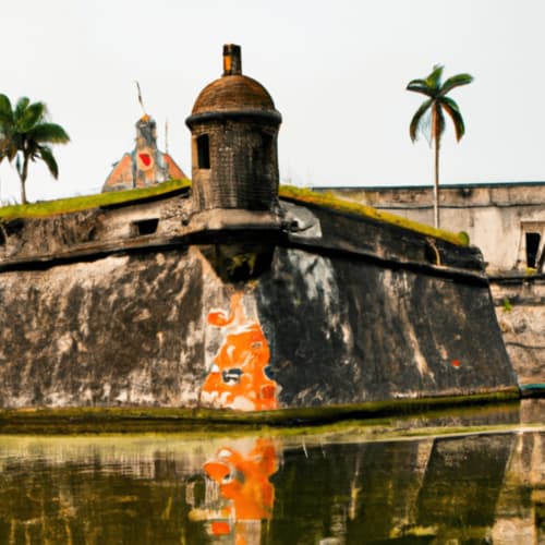 Historic stone fort with watchtower and palm trees reflecting in water at Isla Tajín Beach & River Resort, Tuxpan Mexico