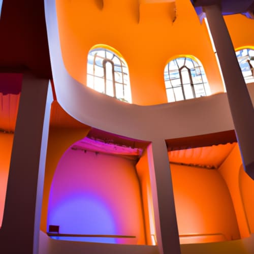 Modern interior at Isla Tajín Beach & River Resort in Tuxpan with vibrant orange and magenta lighting, arched windows, and