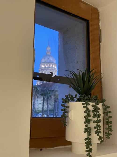 Écran plat affichant une vue illuminée du dôme du Capitole aux Gîtes Boulogne Sur Mer, avec plantes grasses en pot