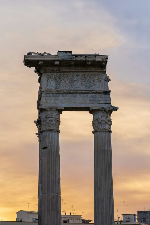 Ancient Roman columns at sunset near Hotel Fiori in Roma, Italy