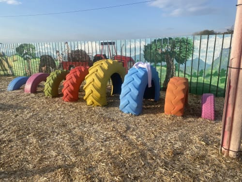 Colorful painted tires arranged as obstacle course in outdoor playground at Duffy Lodge, Co. Donegal