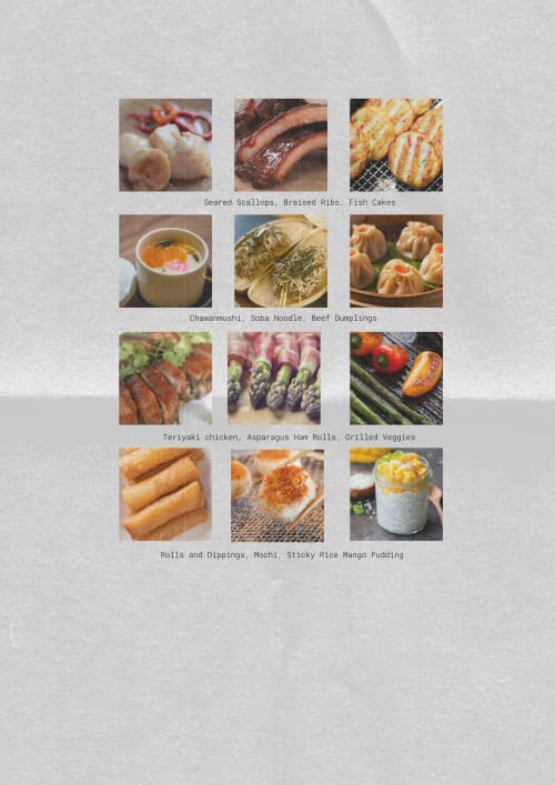 Menu de cuisine asiatique proposant pétoncles, côtes, gâteaux de poisson, raviolis, poulet teriyaki, rouleaux d'asperges et pudding à la mangue à