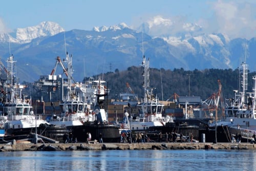 Porto di Vernazzo con barche da pesca, le Alpi innevate sullo sfondo