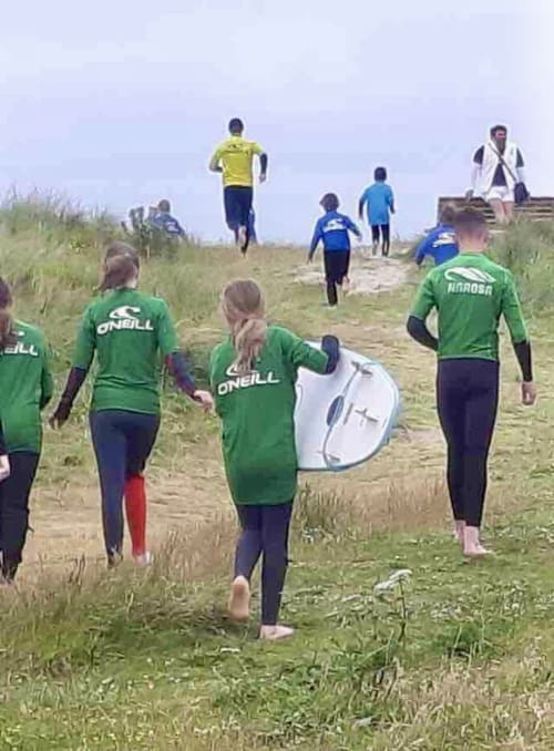 Group of young athletes in wetsuits walking along a coastal path at Duffy Lodge, Co Donegal, carrying surfboards.