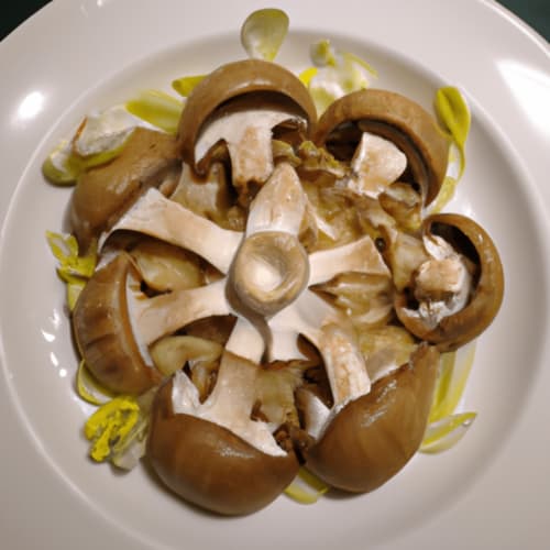 Champignons sautés avec parmesan râpé et poireaux dans une assiette blanche à l'Appart Hôtel Panambi