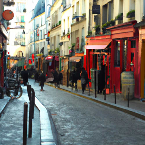 Rue parisienne animée avec bâtiments rouges et cafés près de l'Appart Hôtel Panambi à Chevilly-Larue