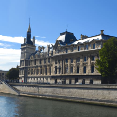Bâtiment historique en pierre avec tourelle au bord de l'eau à Chevilly-Larue, France