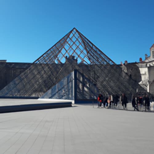 Pyramide de verre moderne du Louvre, architecture emblématique de Paris avec visiteurs dans la cour