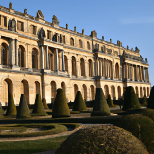 Façade de palais en pierre classique avec jardins de topiaires entretenus à Chevilly-Larue, France
