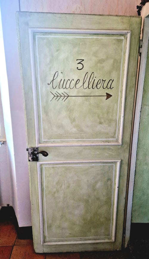 Porta della camera 3 Luccelliera presso il B&B La Corte Ovada a Ovada, Italia con cartello freccia decorativo