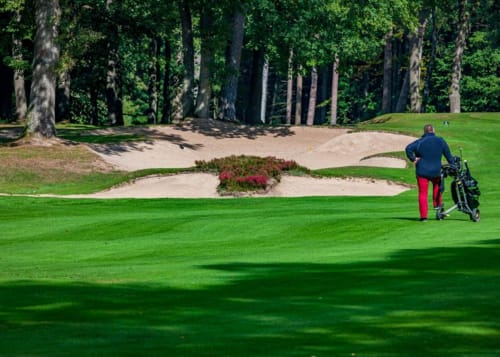 Golfer with cart on manicured fairway at Les Refuges Du Chalet in Jalhay, Belgium, surrounded by tall trees and sand bunkers.