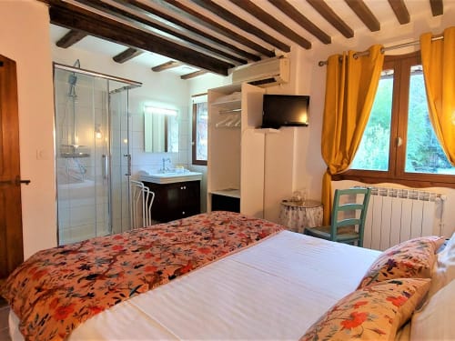 Chambre Géranium à La Bergerie Du Moulin à Taradeau : lits jumeaux, poutres apparentes, salle de bain attenante et vue sur le jardin