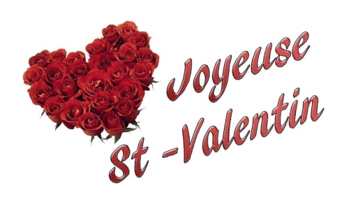 Bouquet de roses rouges avec texte 'Joyeuse St-Valentin' pour le message de voeux de la Saint-Valentin de Be Hotel Le Touquet
