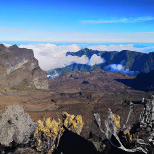 Paysage de montagne volcanique avec nuages près de l'hôtel Au pied des Sources à Cilaos, Réunion